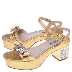 Miu Miu Gold Patent Leather Crystal Embellished Block Heel Ankle Strap Sandals Size 38.5