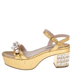 Miu Miu Gold Patent Leather Crystal Embellished Block Heel Ankle Strap Sandals Size 38.5
