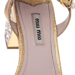 Miu Miu Gold Patent Leather Crystal Embellished Block Heel Ankle Strap Sandals Size 38.5