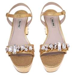 Miu Miu Gold Patent Leather Crystal Embellished Block Heel Ankle Strap Sandals Size 38.5