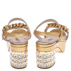 Miu Miu Gold Patent Leather Crystal Embellished Block Heel Ankle Strap Sandals Size 38.5