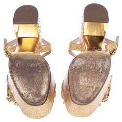 Miu Miu Gold Patent Leather Crystal Embellished Block Heel Ankle Strap Sandals Size 38.5