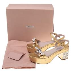 Miu Miu Gold Patent Leather Crystal Embellished Block Heel Ankle Strap Sandals Size 38.5