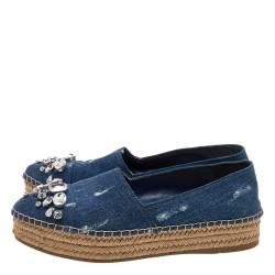 Pre Owned Miu Miu Blue Denim Crystal Embellished Platform Espadrille Flats Size 36.5