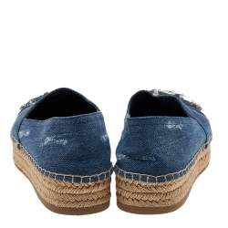 Pre Owned Miu Miu Blue Denim Crystal Embellished Platform Espadrille Flats Size 36.5