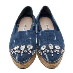 Pre Owned Miu Miu Blue Denim Crystal Embellished Platform Espadrille Flats Size 36.5