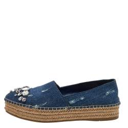 Pre Owned Miu Miu Blue Denim Crystal Embellished Platform Espadrille Flats Size 36.5