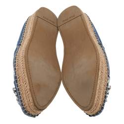 Pre Owned Miu Miu Blue Denim Crystal Embellished Platform Espadrille Flats Size 36.5