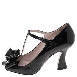 Miu Miu Black Patent Bow T-Strap Pumps Size 38.5
