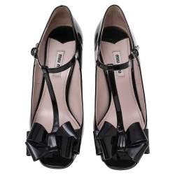 Miu Miu Black Patent Bow T-Strap Pumps Size 38.5