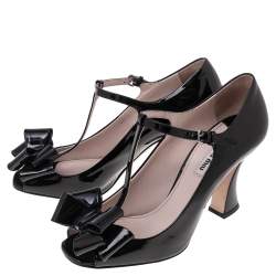 Miu Miu Black Patent Bow T-Strap Pumps Size 38.5