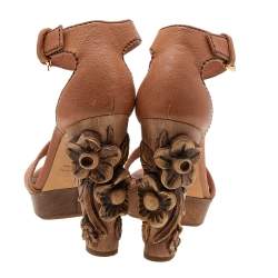 Pre Owned Miu Miu Brown Leather Floral Carved Wooden Heel Ankle Strap Sandals Size 39