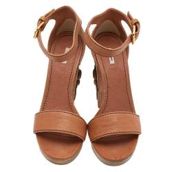 Pre Owned Miu Miu Brown Leather Floral Carved Wooden Heel Ankle Strap Sandals Size 39