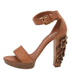 Pre Owned Miu Miu Brown Leather Floral Carved Wooden Heel Ankle Strap Sandals Size 39