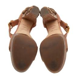 Pre Owned Miu Miu Brown Leather Floral Carved Wooden Heel Ankle Strap Sandals Size 39