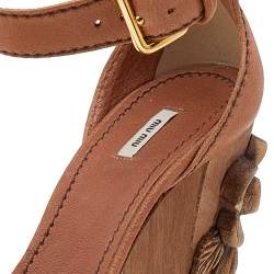Pre Owned Miu Miu Brown Leather Floral Carved Wooden Heel Ankle Strap Sandals Size 39