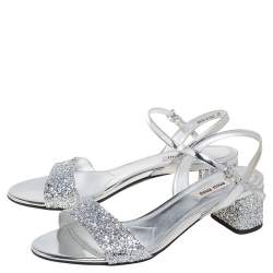 Miu Miu Silver Glitter and Patent Leather Ankle-Strap Sandals Size 38