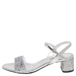 Miu Miu Silver Glitter and Patent Leather Ankle-Strap Sandals Size 38