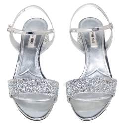 Miu Miu Silver Glitter and Patent Leather Ankle-Strap Sandals Size 38