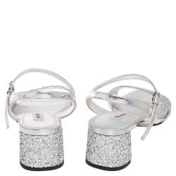 Miu Miu Silver Glitter and Patent Leather Ankle-Strap Sandals Size 38