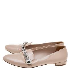 Miu Miu Beige Patent Leather Crystal Embellished Smoking Slippers Size 40