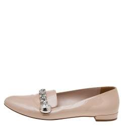 Miu Miu Beige Patent Leather Crystal Embellished Smoking Slippers Size 40