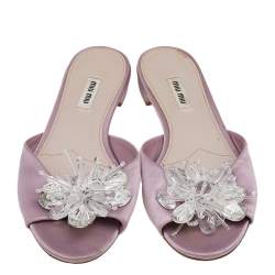 Pre Owned Miu Miu Pink Satin Crystal Embellished Slide Sandals Size 40