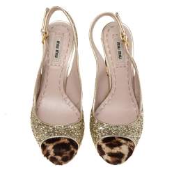 Miu Miu Tri-Color Coarse Glitter and Leopard Print Calf Hair Cap-Toe Slingback Pumps Size 37.5