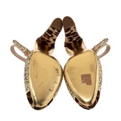 Miu Miu Tri-Color Coarse Glitter and Leopard Print Calf Hair Cap-Toe Slingback Pumps Size 37.5
