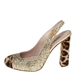 Miu Miu Tri-Color Coarse Glitter and Leopard Print Calf Hair Cap-Toe Slingback Pumps Size 37.5