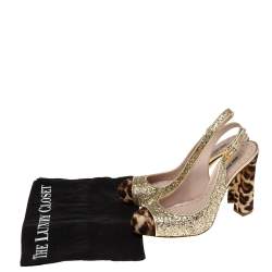 Miu Miu Tri-Color Coarse Glitter and Leopard Print Calf Hair Cap-Toe Slingback Pumps Size 37.5