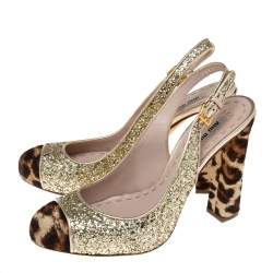 Miu Miu Tri-Color Coarse Glitter and Leopard Print Calf Hair Cap-Toe Slingback Pumps Size 37.5
