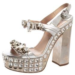 مملوكة مسبقًا Miu Miu Silver Leather Crystal Embellished Block Heel Platform Sandals Size 38