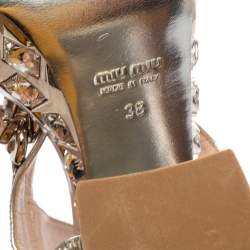 مملوكة مسبقًا Miu Miu Silver Leather Crystal Embellished Block Heel Platform Sandals Size 38
