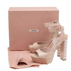 Miu Miu Beige Patent Leather Embellished Heel Ankle Strap Platform Sandals Size 39.5