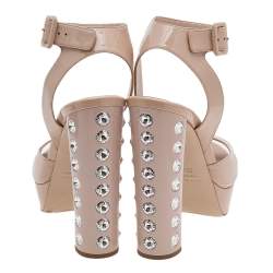 Miu Miu Beige Patent Leather Embellished Heel Ankle Strap Platform Sandals Size 39.5
