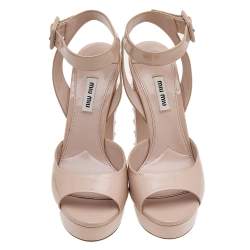 Miu Miu Beige Patent Leather Embellished Heel Ankle Strap Platform Sandals Size 39.5