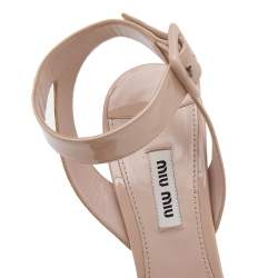 Miu Miu Beige Patent Leather Embellished Heel Ankle Strap Platform Sandals Size 39.5