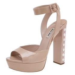 Miu Miu Beige Patent Leather Embellished Heel Ankle Strap Platform Sandals Size 39.5