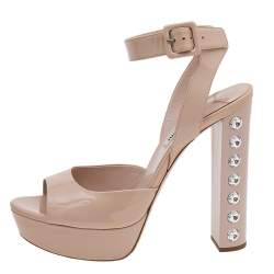 Miu Miu Beige Patent Leather Embellished Heel Ankle Strap Platform Sandals Size 39.5