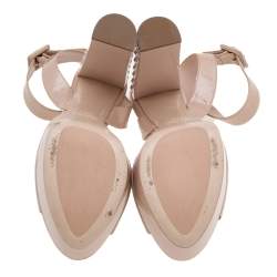 Miu Miu Beige Patent Leather Embellished Heel Ankle Strap Platform Sandals Size 39.5