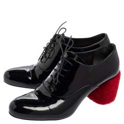 Pre Owned Miu Miu Black Patent Leather Shearling Heel Lace-Up Oxfords Size 38