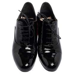 Pre Owned Miu Miu Black Patent Leather Shearling Heel Lace-Up Oxfords Size 38