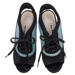 Pre Owned Miu Miu Black/Blue Satin and Mesh Open Toe Slingback Sandals Size 36