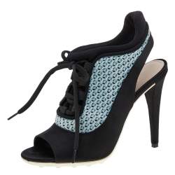 Pre Owned Miu Miu Black/Blue Satin and Mesh Open Toe Slingback Sandals Size 36