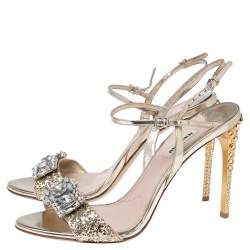 مملوكة مسبقًا Miu Miu Metallic Gold Glitter And Leather Crystal Embellished Ankle Strap Sandals Size 39