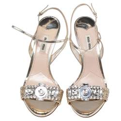 مملوكة مسبقًا Miu Miu Metallic Gold Glitter And Leather Crystal Embellished Ankle Strap Sandals Size 39