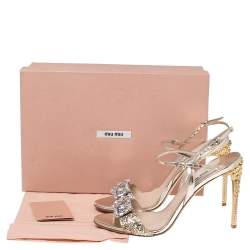 مملوكة مسبقًا Miu Miu Metallic Gold Glitter And Leather Crystal Embellished Ankle Strap Sandals Size 39