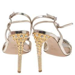مملوكة مسبقًا Miu Miu Metallic Gold Glitter And Leather Crystal Embellished Ankle Strap Sandals Size 39