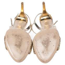 مملوكة مسبقًا Miu Miu Metallic Gold Glitter And Leather Crystal Embellished Ankle Strap Sandals Size 39